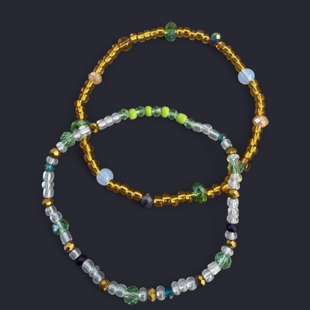 Green Gold Bead Anklet Set